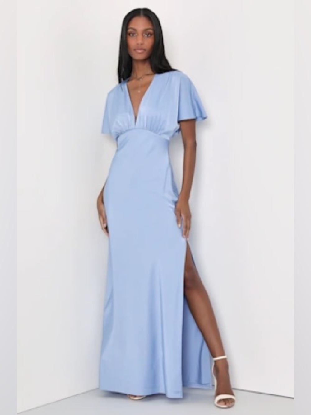 Light Blue V-Neck Maxi Dress with Flutter Sleeves